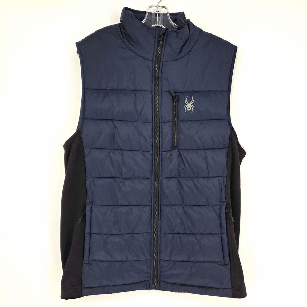 Spyder Mens Medium Insulated Puffer Vest Blue Black Full Zip Zipped Pockets